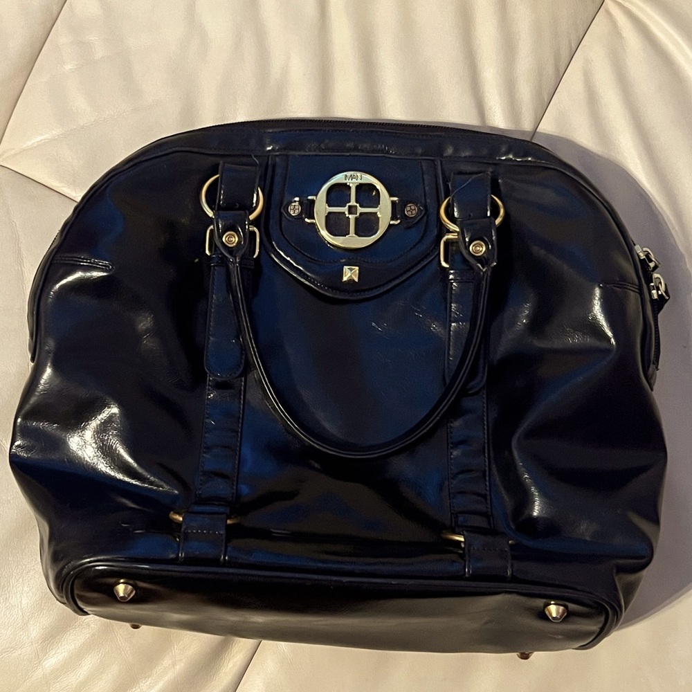 Vintage IMAN Bag Black Patent Leathet Shoulder Tote Satchel Travel Gold Accents